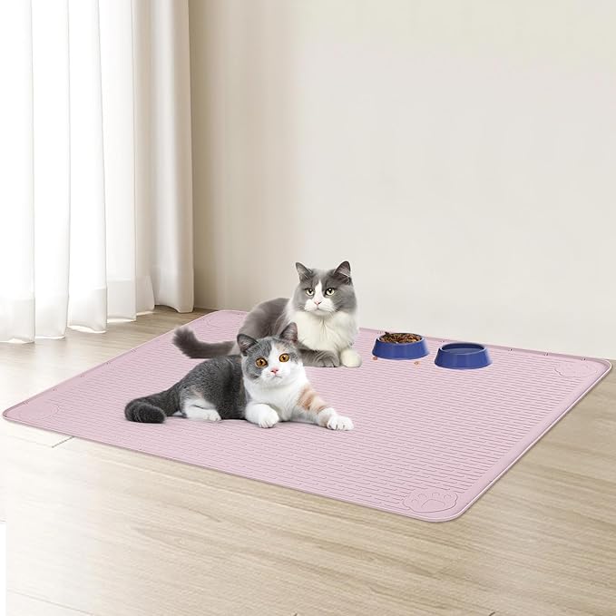 Cat Food Mat, 34" x 22" Large Silicone Pet Feeding Mat for Food and Water Bowls Non-Slip, Easy to Clean (Pink)