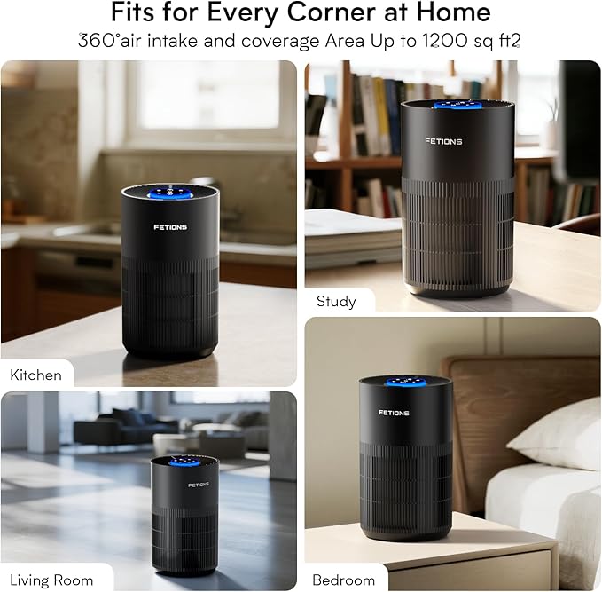 Air Purifiers for Bedroom with H14 True HEPA, Quiet Air Cleaner With Sleep Mode Night Light, Small Air Purifier Covers Up to 1200ft², 360° Air Intake, 3 Speeds, Timer, Aroma Function, Black