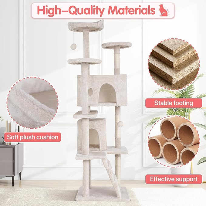70in Cat Tree Cat Climbing Tower with Scratching Post, Cats House Perch Kitten Tree Condo Wood Playhouse, Pet Trees Tower for Indoor Cats, Beige