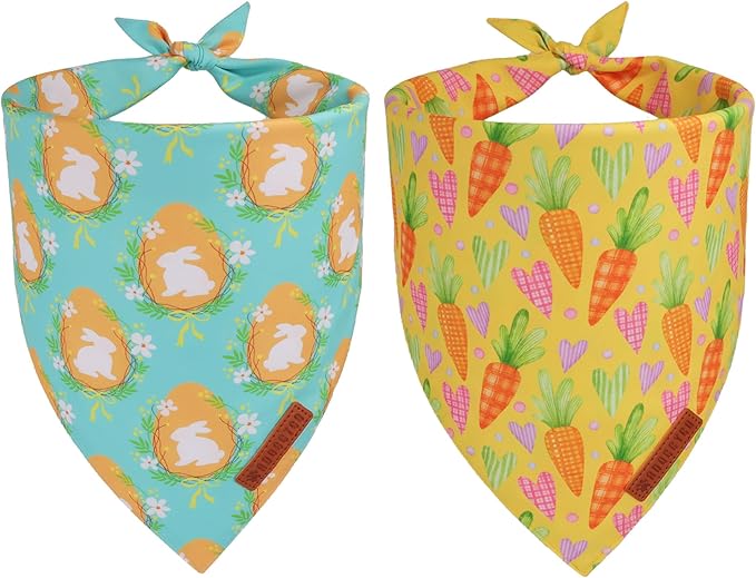 ADOGGYGO Easter Dog Bandana 2 Pack, Bunny Egg Carrot Print Pet Scarf Bib, Adjustable Fit Green Yellow Easter Bandanas for Medium Large Dogs (Large)