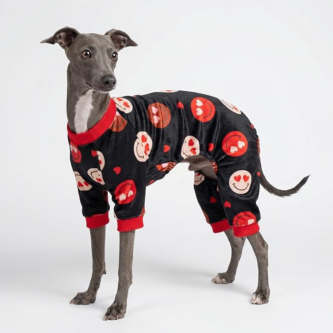 Fitwarm Hearts Eyes Smily Face Dog Pajamas, Cozy Valentines Outfit for Small Dogs Boy Girl, Festive Pet Clothes, Black, Red, XXL