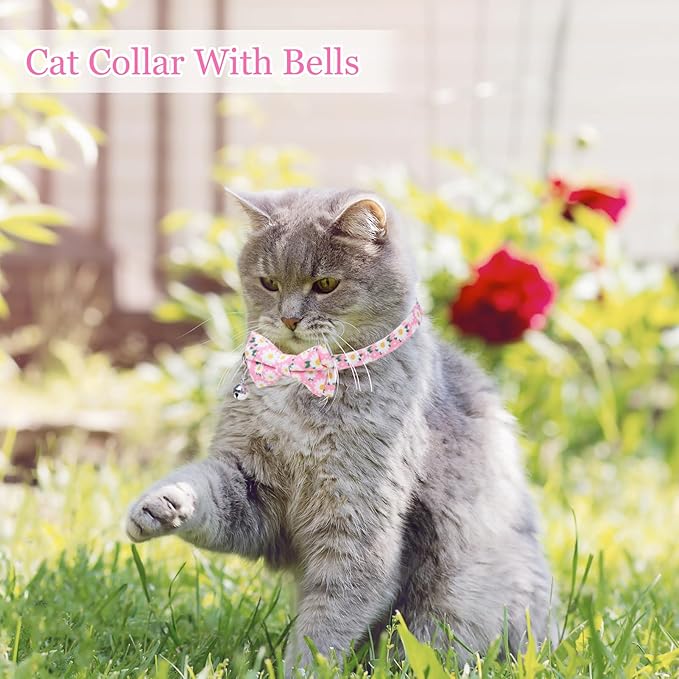 4 Pcs Breakaway Cat Collar with Bow Tie and Bell Floral Cat Kitten Collar with Removable Bowtie Adjustable Safety Collars for Girl Cats