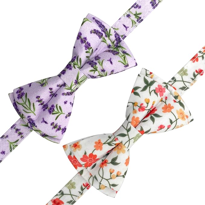 2 Pack Breakaway Cat Collar with Removable Bow Tie and Bell for Boy Girl Cats,Cute Cotton Kitten Collar with Purple Lavender and Red Flower Pattern for Female Male Cats (Lavender&Flower)