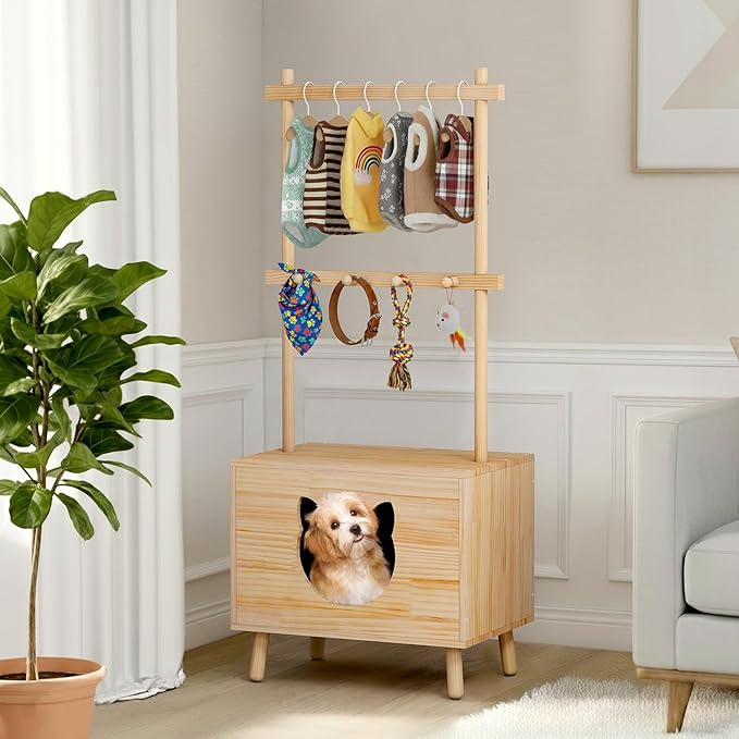 LOYIGA Cat House Side Table,Dog Closet Wooden Pet House Kitten Clothes Rack,Indoor Cat Activity Center for Toy Organization,No Paint (Natural)