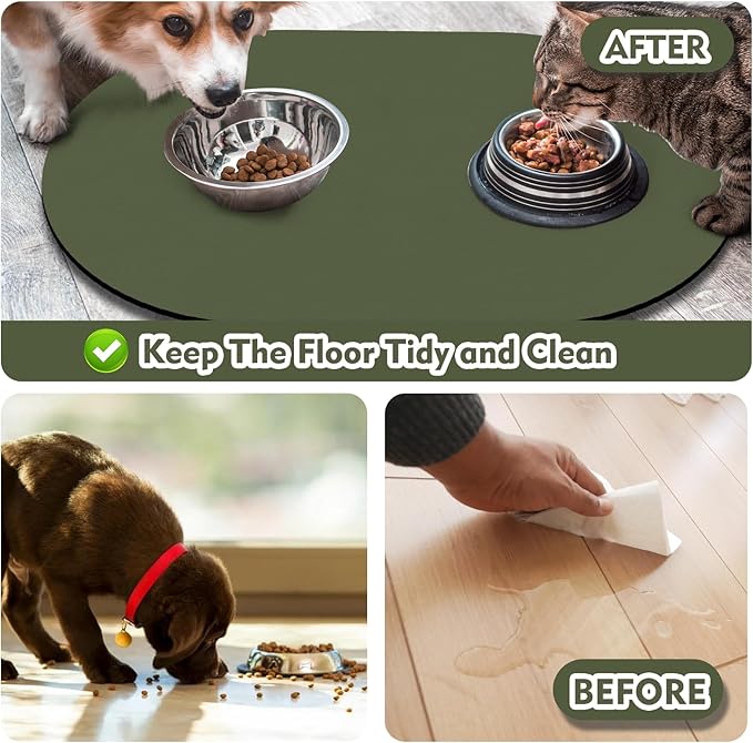 Cat Food Mat 24''x16'', Absorbent Cat Mats for Food and Water, Non-Slip Rubber Mat for Cats Bowls, Easy Store Pet Food Placemat, Mat for Under Cats Food Bowls, Fit with Kitchen Living Room, Dark Green