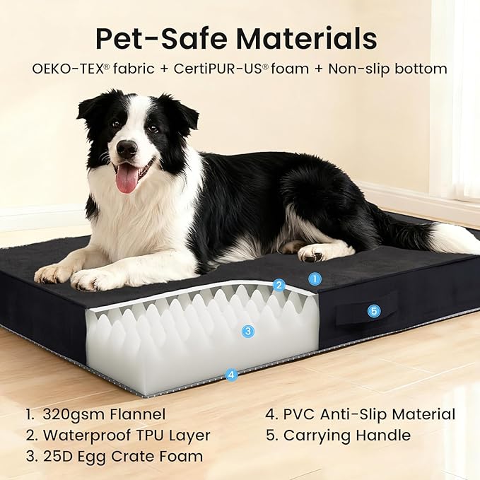 OhGeni Orthopedic Waterproof Dog Bed for Medium Large Dogs, Machine-Washable Removable Cover in Easy-Clean Fabric, High Density Foam & Easy-Carry Handle, Suitable for Crate, 35 inch (Black)