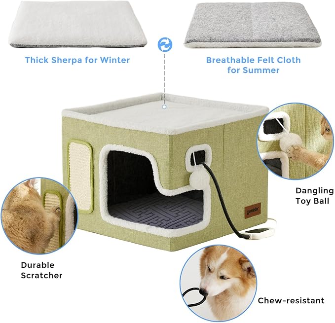 Heated Cat House for Indoor Cats - Cat Warming Bed for Winter with Fluffy Ball Hanging and Adjustable Heating Pad, Foldable Cat Hideaway,16.5x16.5x13 inches, Grey