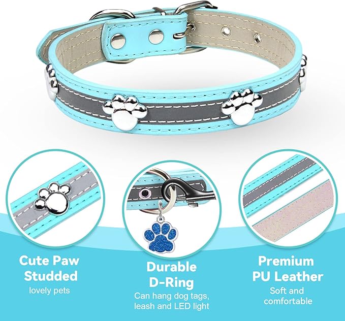 PETCARE Reflective Dog Collar with Cute Paw Rivet Studded Funny Soft PU Leather Adjustable Puppy Dog Collars for Small Medium Large Dogs Cats (Blue,Medium)