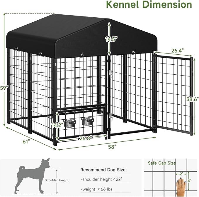 Dog Kennel Outdoor, Outside Dog Kennel with Roof & Swivel Feeders/Removable Doggy Door Allow Connecting Your Dog House, Heavy Duty Dog Run Pen Yard for Medium/Large Dogs (5'L x 5'W x 5'H)