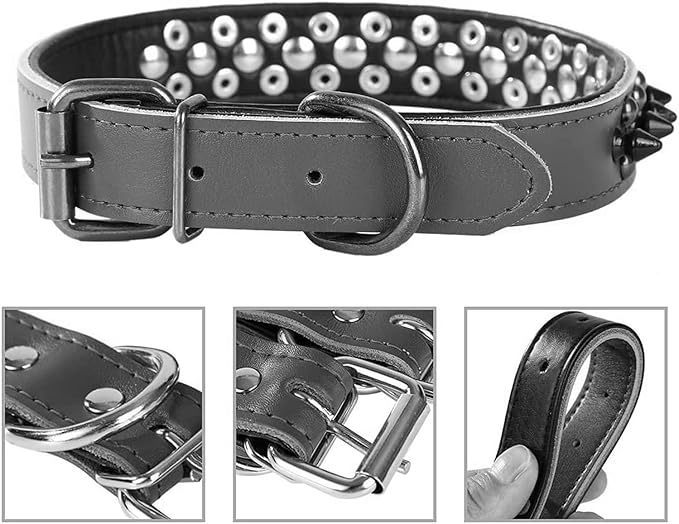 Spiked Studded Dog Collar, Genuine Leather Dog Collar, Adjustable Pet Collars for Medium Large Bulldog Pitbull Mastiff Poodle Boxer (L:37-47cm, Black-1)