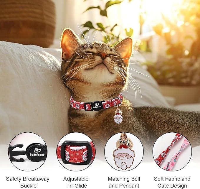 2 Pack Christmas Cat Collars - Breakaway Cat Collar with Bell, Christmas Tree and Santa Pendant, Winter Adjustable Kitten Collars for Girl Boy Cats, Pink&Red
