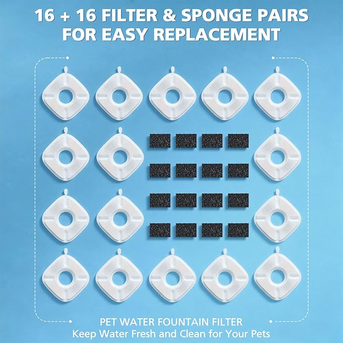32 Pcs Cat Water Fountain Filters for Veken 95oz/2.8L, 67oz, 85oz, 135oz Dog Water Fountain Automatic Pet Fountain Dog Water Dispenser 16Pcs Pet Fountain Filter Replacement & 16Pcs Pre-Filter Sponges