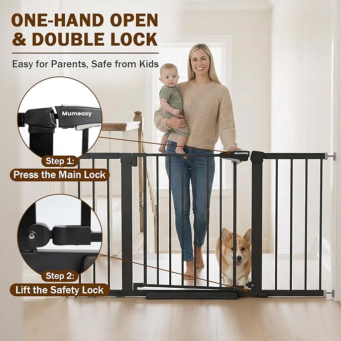 Mumeasy 29.7–51 Inch Extra Wide Baby Gate for Stairs, Extra Long Indoor Dog Gate for Doorways, Pressure Mounted Walk Thru Child Gate with Auto-Close, No-Drill Safety Pet Gate with Door for House,Black