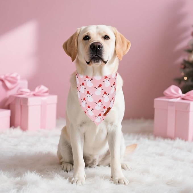 ADOGGYGO Pink Christmas Dog Bandanas 2 Pack, Reversible Santa Snowman Xmas Scarf Bib, Adjustable Fit Pink Christmas Bandana for Medium Large Dogs Girl (Large)