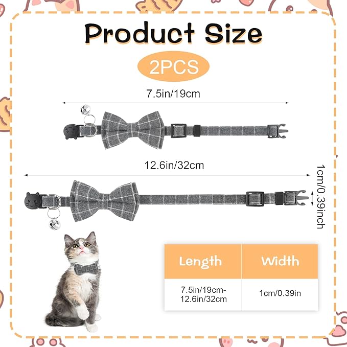 Jeffdad 2Pcs Cat Collar Breakaway, Cat Collar with Bells Bowtie Plaid Cat Collar Adjustable for Kitten Puppy and Small Pets (Black and Gray Plaid)