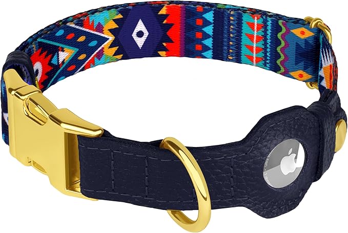 AirTag Dog Collar for Small Medium Large Breed - Adjustable Cute Pattern Dog Collar with Airtag Holder - Soft Leather Tracker GPS Apple Air Tag Pet Collars (Large, 17"-21" Neck Fit, Navajo)