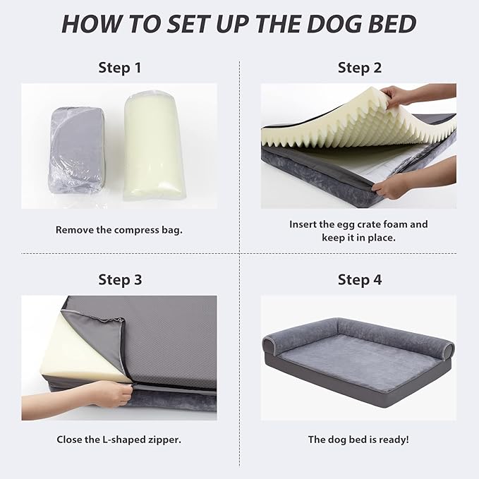 KSIIA Orthopedic Dog Bed - Waterproof for Large Dogs, Flannel Bolster Couch With Egg Crate Foam, Removable Washable Cover & Nonskid Bottom, 36 x 27 Inch, Gray