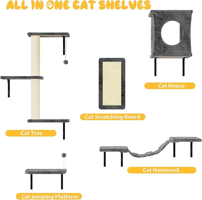 10-in-1 Cat Wall Shelves, Wooden Climbing Wall with Scratching Post, Wall Mounted Cat Furniture for Climbers, Space-Saving Cat Wall for Play & Rest, Drywall & Solid Walls