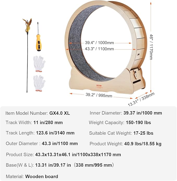 VEVOR Wooden Cat Exercise Wheel, 43.3" Large Cat Treadmill Wheel for Indoor Cats, Cat Running Wheel with Detachable Carpet & Cat Teaser for Running/Walking/Training, Suitable for Most Cats Yellow