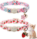 2 Pack Cotton Cat Collars - Cute Breakaway Cat Collar with Bell, Strawberry and Flower Pendant, Spring Summer Adjustable Kitten Collars for Girl Cats, Sweet Floral Fruit