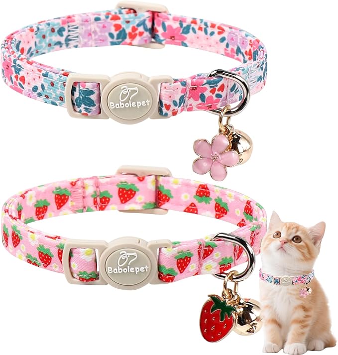 2 Pack Cotton Cat Collars - Cute Breakaway Cat Collar with Bell, Strawberry and Flower Pendant, Spring Summer Adjustable Kitten Collars for Girl Cats, Sweet Floral Fruit
