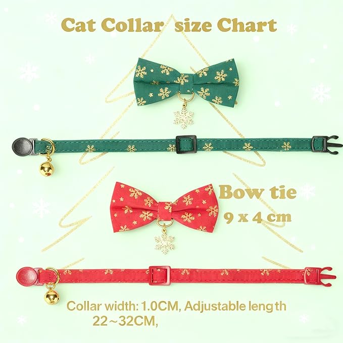 2 Pack Christmas Cat Collar with Bell and Bowtie,with Bling Snowflake Charm and Printing Pattern, Safety Breakaway Clasp, Adjustable for Kitten and Cats Green and Red.