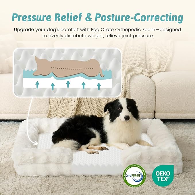 Self Warming Dog Bed for Large Size Dog, Faux Fur Orthopedic Puppy Sofa with Washable Removable Cover, Bolster Orthopedic Egg Crate Foam Bed for Pet Up to 100 lbs, XL 44x32x7 inch, Beige