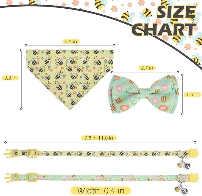 EXPAWLORER Spring Cat Collar Breakaway with Bells - 2 Pack Cute Flower Pet Collar with Removable Bow Tie and Bandana, Adjustable Safety Buckle with Bee Pendants for Girl Boy Cats Kitten