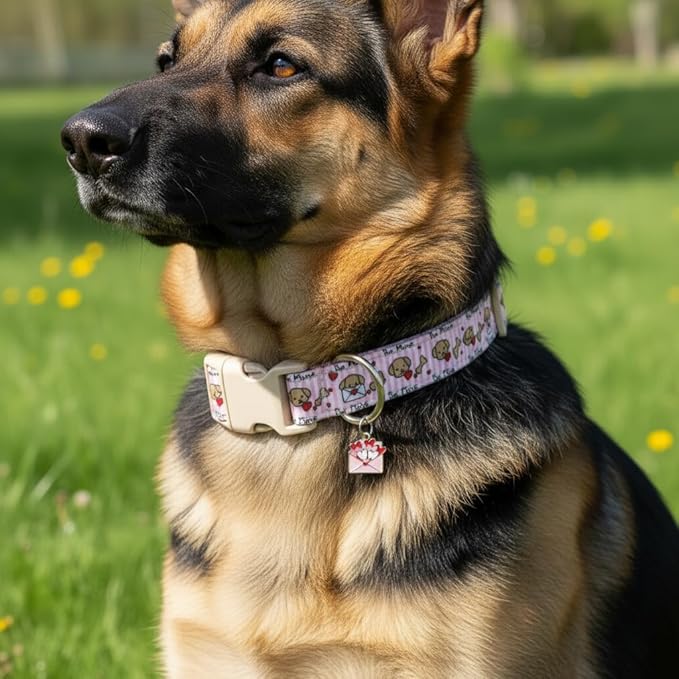 Pink Dog Collar, Girl Dog Collar with Cute Dogs and Hearts, Cute Spring Summer Food Collar with Soft & Breathable Fabric, Adjustable Pet Collar for Small Dogs