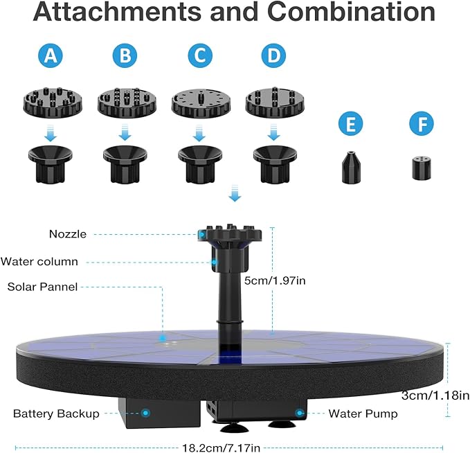 AISITIN Solar Fountain with 3.5 W Solar Panel, 1500 mAh Battery - 6 Effects for Pool, Fish Pond, Bird Bath, Garden