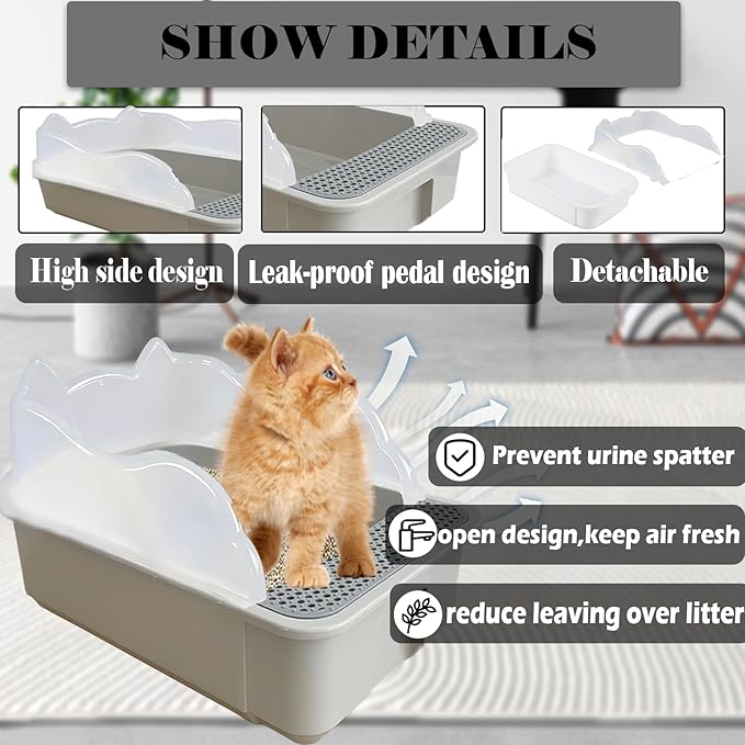 kathson Open Small Cat Litter Box with High Side,Anti-Splashing Kitten Litter Pan,Semi-Enclosed Removable Kitty Cat Toilet with Litter Sifting Scoop for Boxes Easy to Clean No Odor-Grey