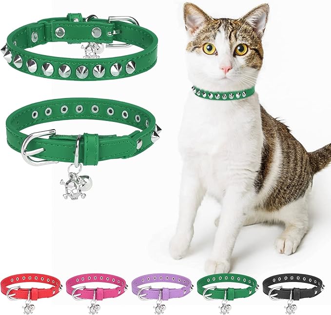 Leather Cat Collars for Boy Girl Cats with Bell and Safety Elastic Belt, Personalized Rivets Stud Adjustable Safe Buckle Collar with Skull Charm for Kitty Small Pets, Green