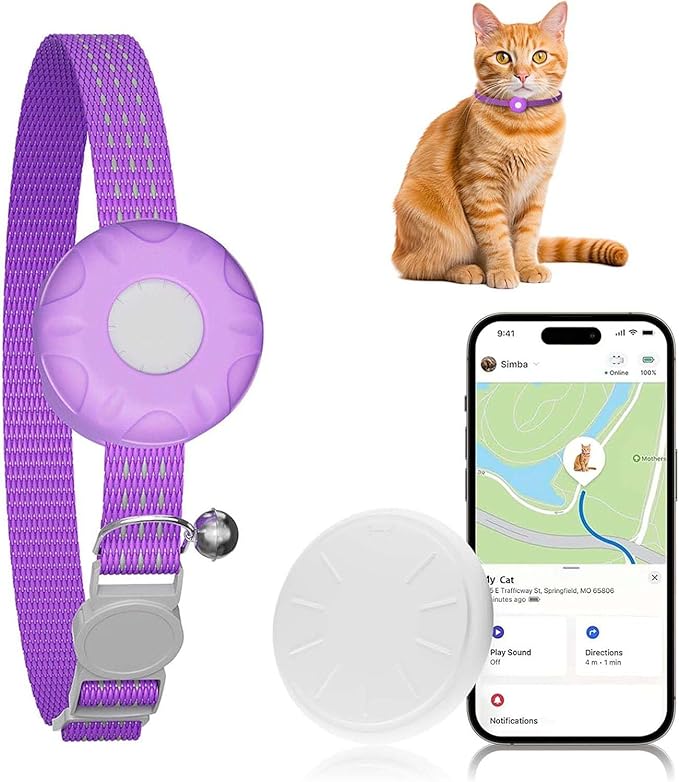 Smart Cat GPS Tracker, Cat Tracker Compatible with Apple Find My App (Only iOS), No Monthly Fee, Waterproof (White Tracker, Purple Cat Collar)