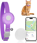 GPS Tracker for Cats, Compatible with Apple Find My App (Only iOS), No Monthly Fee Cat Tracker, Waterproof (White Tracker, Purple Cat Collar)