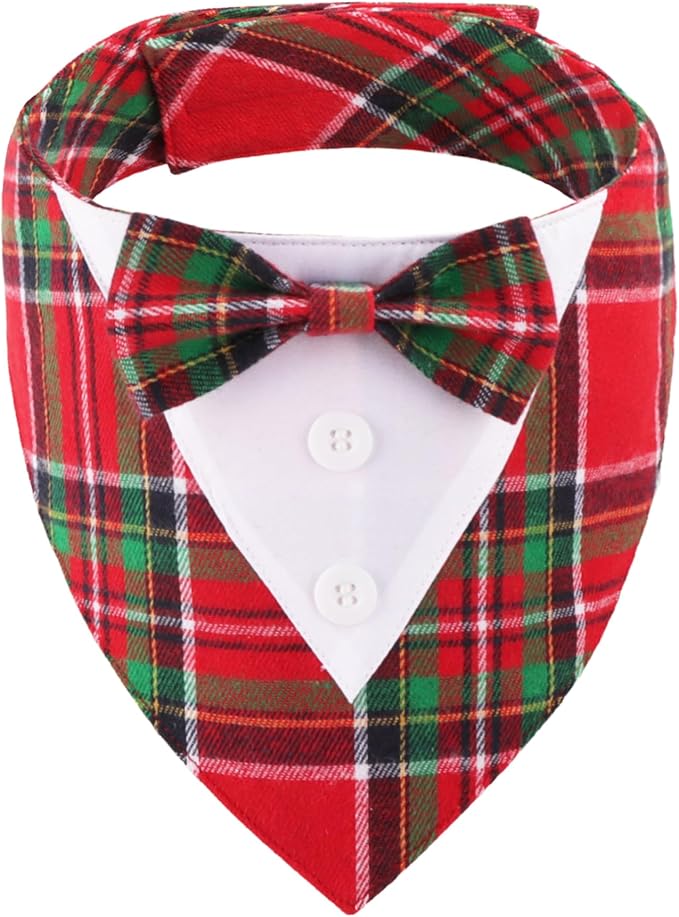 ADOGGYGO Christmas Dog Tuxedo Bandana, Red Green Plaid Pet Xmas Collar with Bow, Adjustable Christmas Costume for Large Dogs (L)