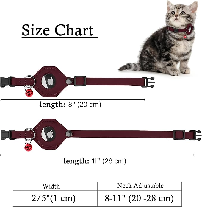 Breakaway Airtag Cat Collar with Removable Bell - Leather Pet Collar with Apple Air Tag Holder - Adjustable GPS Collars for Girl Boy Cats Kitten Puppy - Lightweight, Cute and Comfortable (Burgundy)
