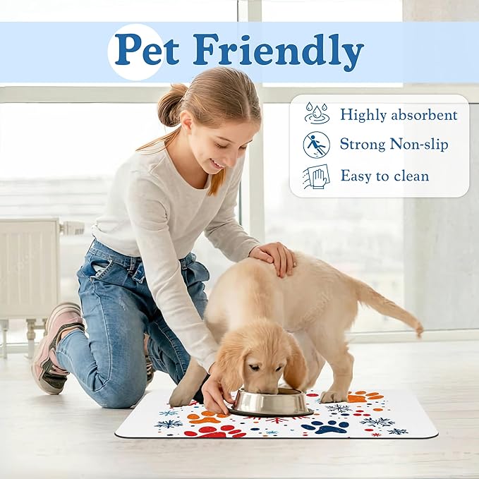 Chirstmas Snowflake Paw Pet Food Mat for Cats and Dogs–Absorbent Quick Dry Feeding Placemat, Non Slip Rubber Base, Waterproof Bowl Mat for Indoor Use, Pet Supplies 16"x24"
