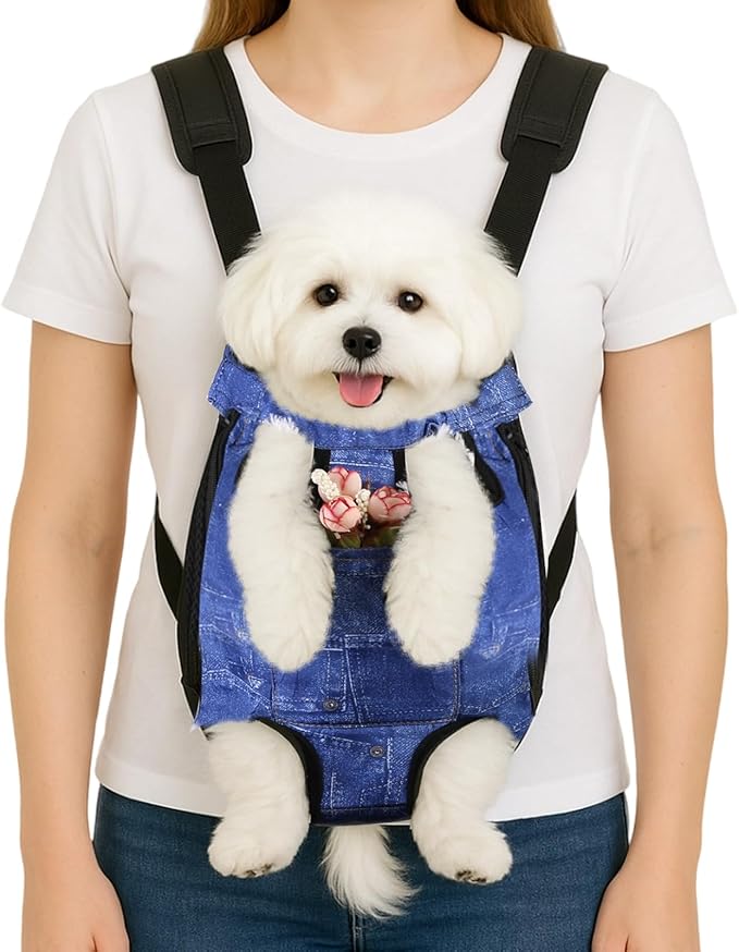 Dog Backpack Carrier, Front Pocket for Essentials, Legs Out Carrying Sling Travel Bag for Small Medium Dogs 2.5-4 Lbs, Soft Wearable Puppy Chest Carry Backpacks for Walking/Hiking/Camping/Traveling