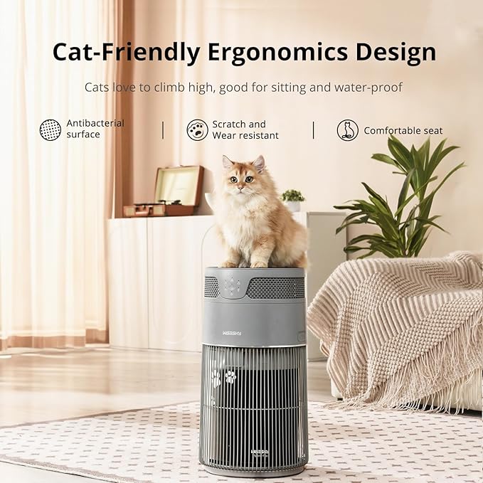 WiseSky Pet Air Purifier for Cat Owners, High-Efficiency Air Purifier for Cat Hair Dander Smoke Litter Odor in Large 1644 Sq Ft Room, 360° HEPA Filtration, Smart App, Quiet Pet-Friendly Design, Grey