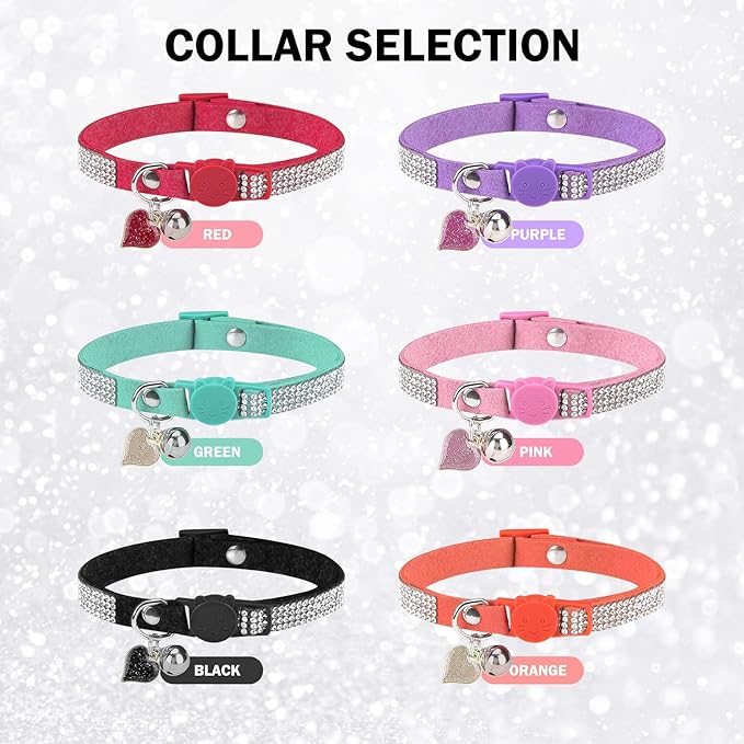 Rhinestone Cat Collar Breakaway with Bell, Diamond Cat Collar with Safety Buckle Quick Release for Girl Boy Small Kitten Pets Puppy,Cute Soft Female Male Cat Collars, Color Orange 8-12"