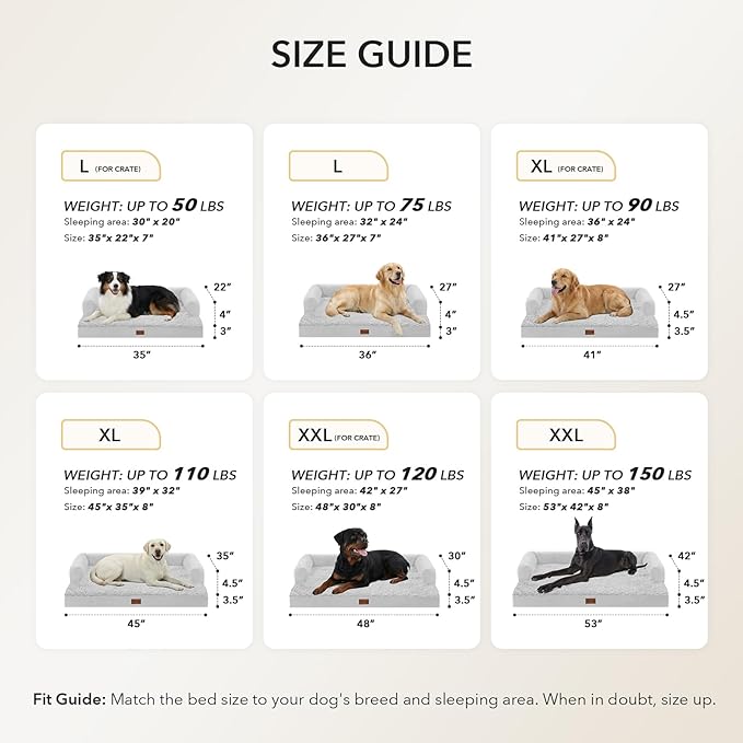 Orthopedic Dog Beds for Extra Large Dogs, Waterproof Egg Crate Foam XL Dog Bed with Sides 45x35Inch, Big Dogs Couch Beds with Removable Washable Cover and Nonskid Bottom, Grey White