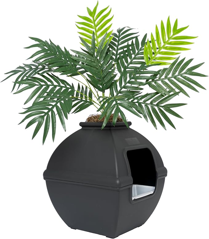 Good Pet Stuff Hidden Litter Box Planter, Decorative Cat Litter Enclosure with Carbon Filter, Artificial Plant, Easy Clean, Indoor Design, Courtyard Square Style, Essentials Kit, Black Suede