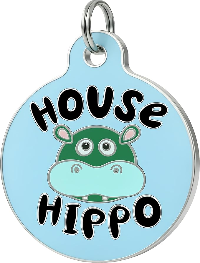 Bad Tags Personalized Dog and Cat ID Tags in 25+ Designs and 2 Sizes - 5 Lines of Custom Engraved Text - Funny Cute Personalized Pet Tags (House Hippo - Blue, Large (1.25 inch))