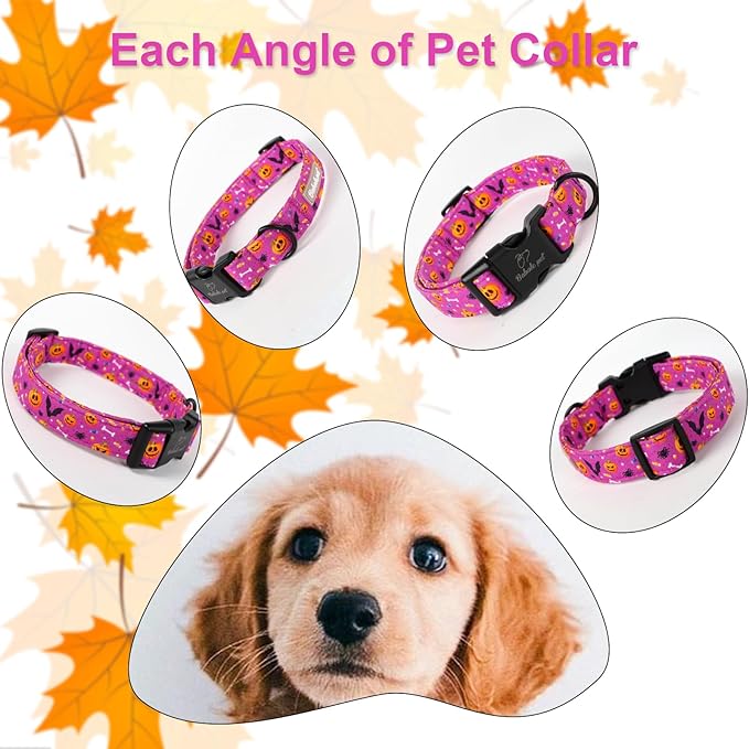 Halloween Dog Collar, Cute Pumpkin Bat Pattern Halloween Purple Puppy Collar, Soft Adjustable Cotton Dog Collars for Small Medium Large Boy&Girl Dogs S