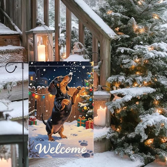 Dachshund Welcome Garden Flag 12x18 Inch Double Sided Christmas Burlap Yard Banner Winter Holiday Outdoor Decor for Dog Lovers Home Seasonal Decoration