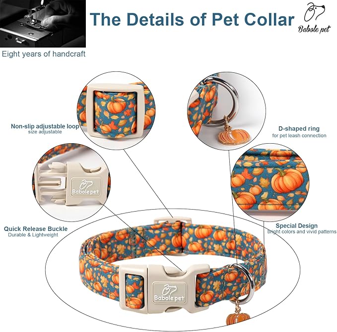 Fall Dog Collar Cute Autumn Pumpkin Puppy Collar - Light Comfortable Adjustable Pet Collars for Small Medium Large Girl Boy Dogs XL