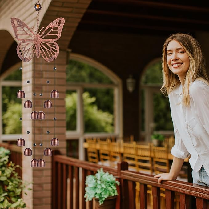 24 Inch Metal Wind Chimes Decor for Outside Garden Birthday Gift for Women Men Bronze Windchimes Pet Memorial Gift with 12 Bell for Patio Yard Lawn Housewarming Front Yard(Butterfly)