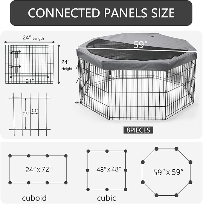 PETIME Foldable Metal Dog Exercise Pen/Pet Puppy Playpen Kennels Yard Fence Indoor/Outdoor 8 Panel 24" W x 24" H with Top Cover (with top Cover, 8 Panels 24" H)