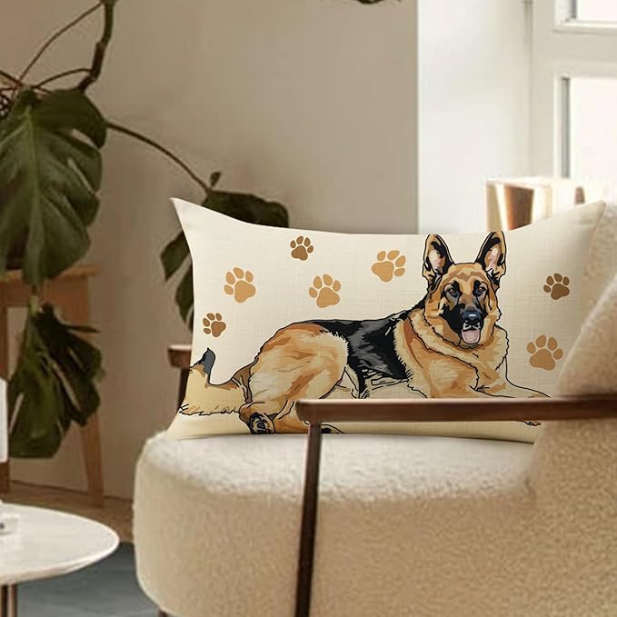 German Shepherd Dog Lumbar Decorative Throw Pillow Cover 12 x 20, Rectangular Paw Prints Outdoor Home Decor Pet Owner Lover Gift, Sofa Couch Cushion Case Housewarming Gifts
