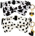 2 Pack Cotton Cat Collar with Bow Tie and Bell for Male Female Cats,Soft Fancy Breakaway Kitty Kitten Collar with Ghost& Pumpkin Patterned Design for Boy Girl Cats. (Cow&Heart)